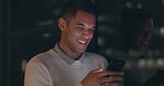 Smartphone, night and business man typing on mobile app for global chat, funny notification or social media. Happy corporate worker using phone or cellphone in dark office for digital communication