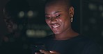 Smartphone, night and business woman networking on global app, funny meme notification or social media chat. Smile of corporate worker using phone or cellphone in dark office on digital communication