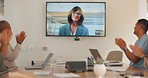 Applause, congratulations and business people in a webinar meeting for planning, success and achievement. Teamwork, support and employees clapping for a global client in a virtual seminar at work