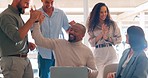 Success, winning and business people on laptop with celebration, stock trading profit and financial bonus. Teamwork, support and happy workers cheer, high five and applause for sales goal on computer