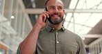 Happy, walking and businessman on a phone call for communication, networking and conversation. Contact, corporate and employee talking on a mobile with a funny chat, discussion and connection