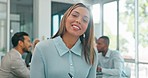 Business, meeting and portrait of woman with smile at workshop for corporate strategy, planning and work on vision. Teamwork, collaboration and diversity, happy employee at financial advisory agency.