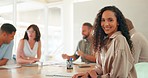 Meeting, office and black woman with smile at meeting or workshop for corporate strategy, planning and startup vision. Teamwork, collaboration and diversity, happy creative girl at advertising agency