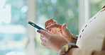 Woman hands, scroll on smartphone with communication and technology, check social media or online research. Web surfing, contact and wifi, email or chat with connectivity, using phone and mockup