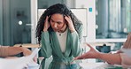 Stress, meeting and business black woman headache, pain or anxiety, thinking of documents review. Burnout, fatigue or depression of a tired worker or employee with chaos paperwork and busy team hands