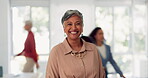 Senior business woman, leadership and smile for management, vision or success at the office. Portrait of elderly female CEO smiling in happiness for creative corporate startup at the workplace