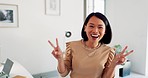 Creative asian woman, smile and peace signs walking into the office for happy, excited or positive vibes. Employee Japanese woman showing heart shape hand emoji and smiling in positivity for startup