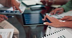 Planning, documents and hands of business people in meeting for marketing, strategy and goal. Project management, teamwork and idea with employees in workshop for data analytics, growth and tablet 