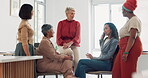 Business women, diversity and conversation with collaboration and business meeting with team in workplace. Business people, talking and listening with teamwork, communication and team building