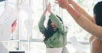 Business women, celebration and paper with applause for success, winning in business meeting with team. Celebration, cheers and happy employee group, teamwork and professional winner with documents