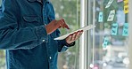 Thinking, moodboard and black man with tablet brainstorming idea for project at startup with sticky note on glass wall. Strategy, planning and analytics, businessman doing internet research at agency