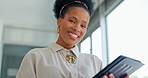 Face, window and black woman with tablet, business and agent typing, smile and confirmation email. Corporate, glass and African American female entrepreneur with digital planning and website launch