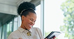 Black woman, tablet and walking in victory for good news, promotion or winning at the office. Happy African American female employee taking walk in celebration for win or achievement with touchscreen