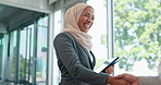 Handshake, hello and introduction of happy muslim woman with welcome, trust or support. Hijab, workers and shaking hands for meeting, networking and business onboarding in office, happiness and smile