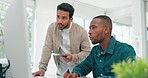 Businessman, startup and coaching conversation at desk with tablet, computer and question for mentor in office. Black man, web design coach and learning in workplace for support, advice or teamwork