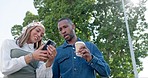 Young businessman, woman and phone on outdoor walk to work with coffee, social media and funny meme. Black man, business people and walking for conversation, networking or happy with smile in morning