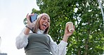 Winning, surprise and woman with phone success notification, job opportunity or career recruitment email. Winner, dance and excited young person in city park with smartphone for feedback, online news