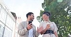 Businessman, woman and phone on outdoor walk to work with coffee, social media or comic meme. Black woman, business people and walking for conversation, networking or happy with excited smile in city