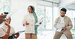 Smile, happy or workshop leadership and paper, documents or tech in teamwork collaboration for diversity growth, target or goals. Talking business woman, speaker or mentor in training or presentation