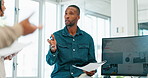 Black businessman, mentor or diversity meeting on paper, documents or review in coaching or training feedback. Speaker, leadership or talking in workshop, collaboration or teamwork strategy planning
