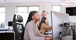 Black woman, computer and typing for seo, marketing and focus for vision, goal and target with office team. African digital marketing expert, pc and working on kpi, research and planning on web app
