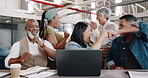 Business people, team and laptop with winner and success, cheers with applause for promotion or bonus deal in workplace. Collaboration, diversity and happy dance, fist bump and wow, excited for win.