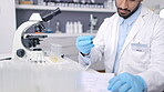 Science, laboratory and scientist writing test tube results for research, data analysis or chemistry career focus. Liquid exam, solution and medical study or checklist of professional person or man