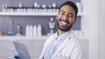 Face, Asian man and scientist with clipboard, smile and thinking for experiment, sample and test. Portrait, male researcher and expert in laboratory, innovation and writing notes to check inventory