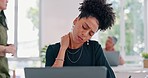 Business, black woman and neck pain in office, burnout and overworked. African American female, ceo and administrator with headache, tired and stress for project, schedule and tension in shoulder.