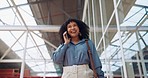 Phone call, smile or black woman travel in airport, office building or street for communication, networking or 5g network. London, tech or happy girl with smartphone walking, commute or travelling