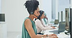 Computer, telemarketing or black woman in call center consulting, talking of helping clients with life insurance. Crm, customer services consultant or sales agent speaking at technical support job