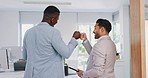 Fist bump, team building or men walking in office building with sales mission, business goals or motivation to work. Partnership, morning or happy employees with support, trust or vision for success