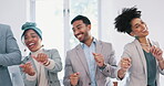 Happy, dance or employees in celebration of success, sales target or company goals in business office. Support, kpi or excited people dancing to celebrate team growth or winning bonus achievement