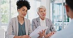 Teamwork, documents and women in business meeting for planning, strategy and marketing report. Collaboration, management and professional workers in discussion with paperwork, review and proposal