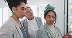 Teamwork, sticky note and collaboration of business people planning sales strategy in office. Innovation, glass wall and group of business women working together on advertising or marketing project.