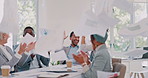 Business people, throwing paper or success meeting in winner finance planning, company growth goals or target motivation. Happy smile, flying documents or excited financial teamwork in diversity kpi