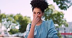 Black woman, face and hand gesture of a person in a park with comedy and funny energy. Black woman, portrait and comic vision of a female in nature making a i see you hands sign laughing as a joke