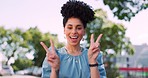 Black woman with face and peace hand sign, outdoor in nature with smile and fun, young and freedom in New York. Youth, hands and v with portrait, happiness and positive mindset, motivation and summer