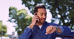 Phone call, communication and time management of man on travel commute for work discussion. Asian entrepreneur talking with client on mobile and checking time while commuting in Tokyo, Japan.