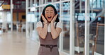 Wow, surprise and excited with a business asian woman looking shocked by putting her hands on her face in expression. Portrait, emoji or motivation with a female employee feeling shock frim good news