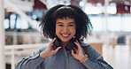 Face, headphones and black woman travel, smile and music to relax, casual and trendy. African American female, girl and headset for podcast, radio and commute with wellness, break and streaming song