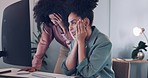 Stress, headache and business women working on a corporate project with a deadline in the office. Exhausted, burnout and overworked professional female team planning company strategy in the workplace