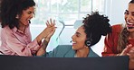 Call center, high five and business people applause for success, telemarketing sales or achievement. Teamwork, customer service and group of women clapping in celebration of victory, goals or targets