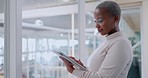 Business, tablet and black woman in modern office, connection or social media for content marketing, typing or launch website. Corporate, Nigerian female or employee with online research or workplace