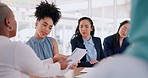 Laptop, documents and teamwork of business people in meeting. Planning, collaboration and group of women with computer and paperwork discussing sales, advertising or marketing strategy in office.