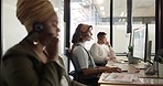 Business, team and black woman for customer service, call center and talking in office. Telemarketing, Nigerian female or agents with headsets, discussion and help for support, computer or consulting