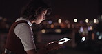 Woman, tablet and balcony at night in city for digital marketing, online networking or planning web strategy. Creative website design, designer working on tech device and relax on building rooftop