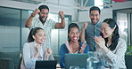 Success,  applause or business people with laptop for target achievement, goal target or winner team. Diversity, collaboration or clapping hands for digital marketing growth or SEO review celebration