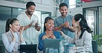 Office team, success applause and black woman employee celebration with clapping staff. Business crowd, motivation and support for corporate worker with happiness and excited about work collaboration