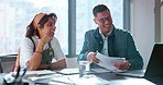 Businessman, woman and document in office for coaching, learning or target with laptop for digital marketing. Man, woman and paper to mentor, coach and teaching by computer for social media marketing